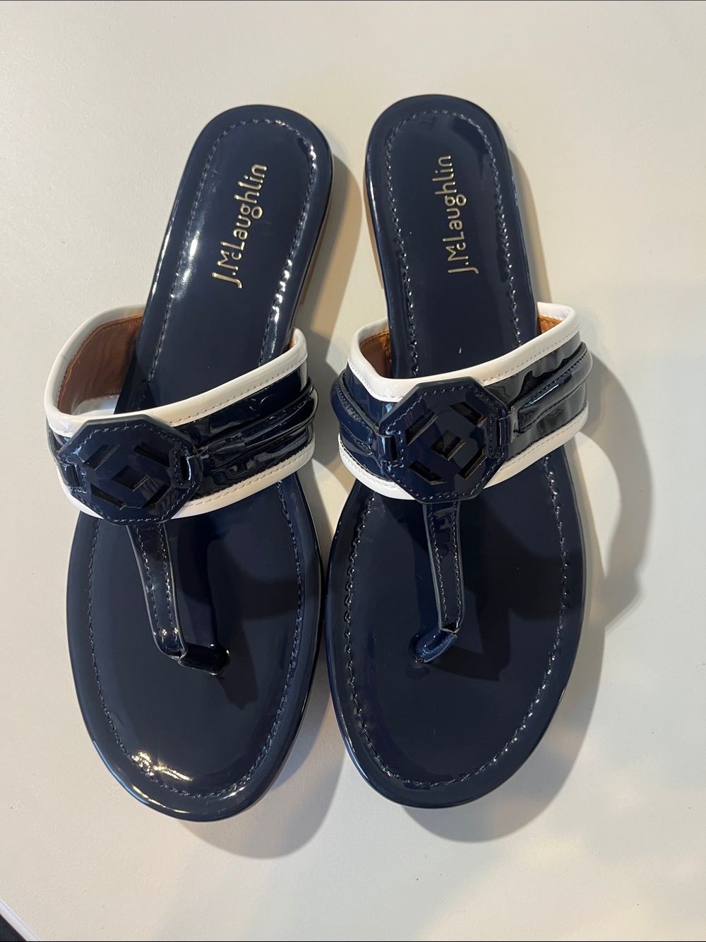 J. McLaughlin Navy Patent Leather Thong Sandals with White Trim - Picture 4 of 13